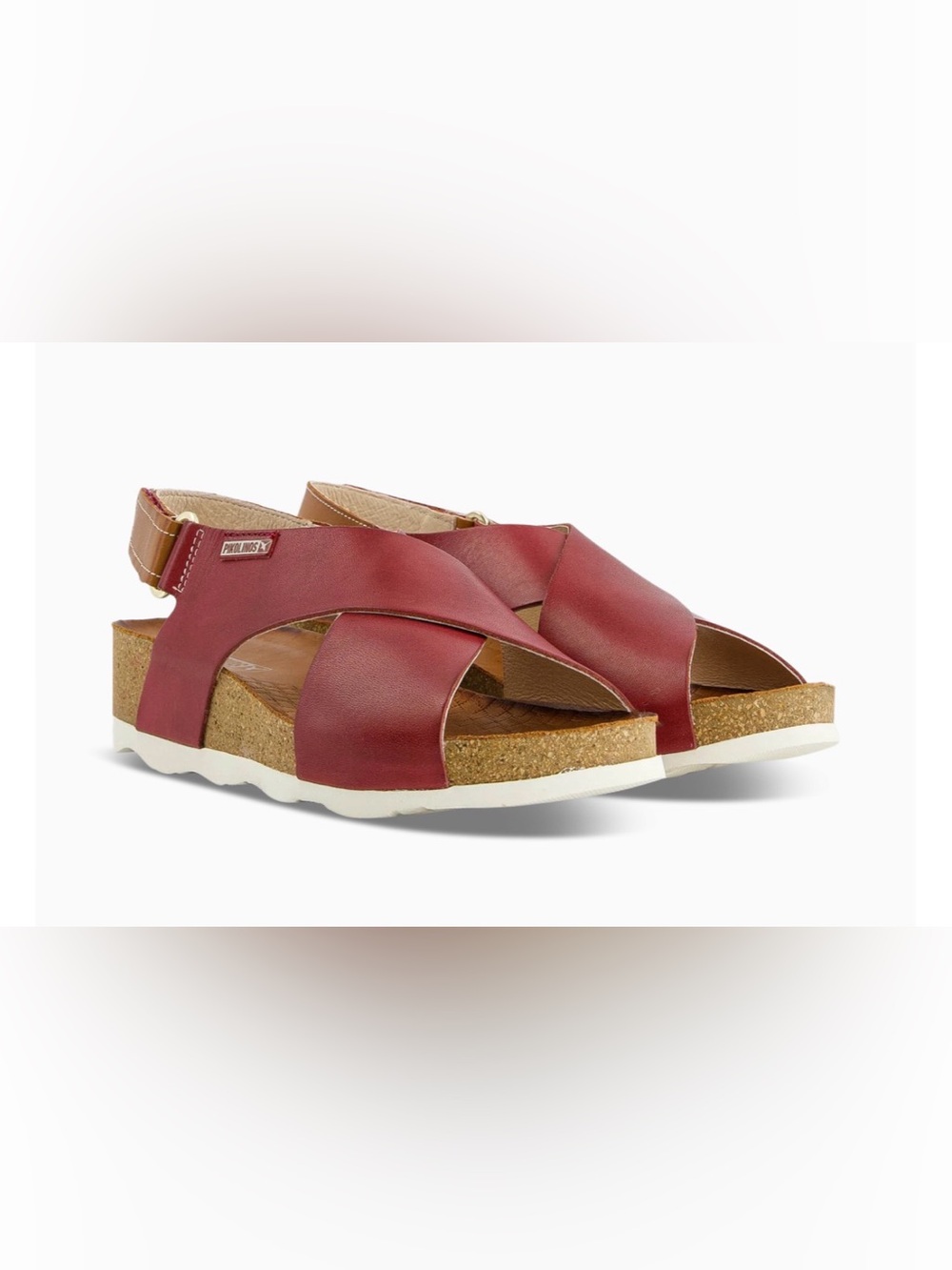 PIKOLINOS Red Leather Cork-Wedge Crisscross Sandals